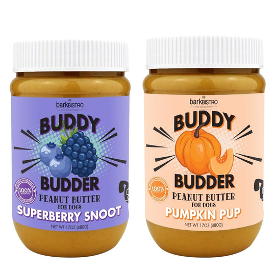 BUDDY BUDDER Bark Bistro Company, Superberry Snoot + Pumpkin Pup, Natural Dog Peanut Butter, Dog Treat, Made in USA (Set of 2, 17oz Jars)