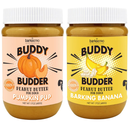BUDDY BUDDER Barkin Banana + Pumpkin Pup, 100% All Natural Dog Peanut Butter, Peanut Butter Dog Treat, Made in USA (Set of 2 | 17oz ea)