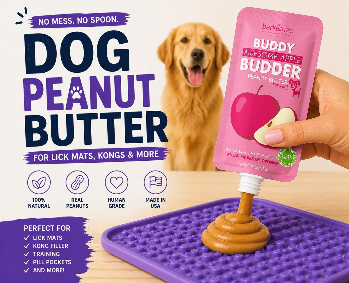 BUDDY BUDDER 6 Pack Mixed Flavor Squeeze Packs, 100% Natural Dog Peanut Butter, Healthy Peanut Butter Dog Treats, Made in USA, (4oz Packs)