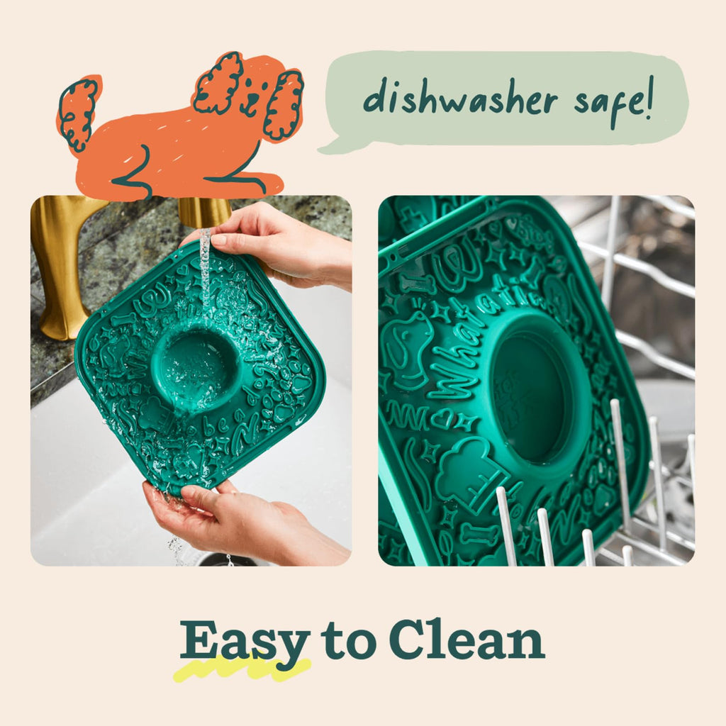 Woof Lick Mat and Calming LickMix Starter Pack Bundle - Dog Enrichment and Spread - Slow Feeder Mat with Non-Slip Design - Delicious, Lower Calorie Mix -Green