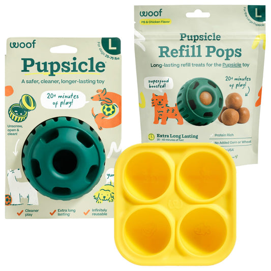 WOOF Starter Pack - Interactive Dog Ball Toy for Boredom - Dog Treat Molds Silicone - Chicken-Flavored Healthy Treats for Dogs - Pupsicle Doggy Enrichment Toy - for Large Pups - 25-75 lbs