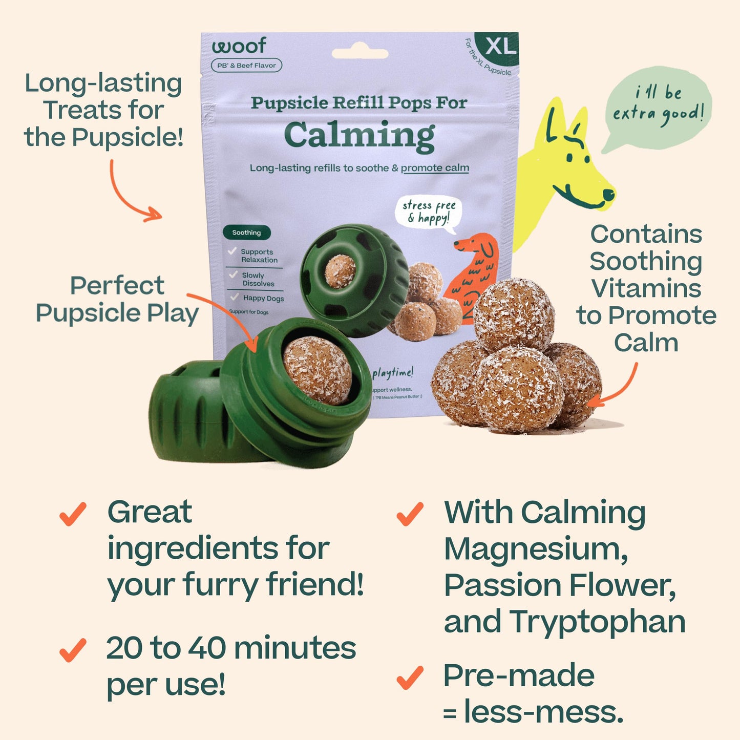 WOOF Pupsicle Refill Pops for Calming - Long-Lasting Refills for the Pupsicle Toy to Promote Calm - Calming Dog Treats - Magnesium for Dogs- XL Pops - 5 Count