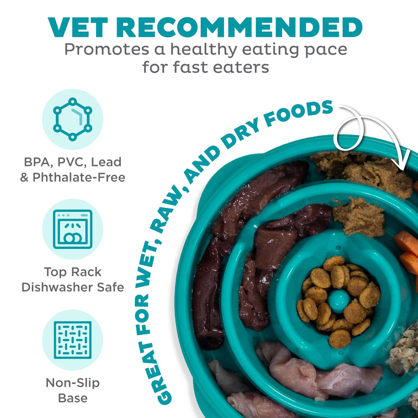 Outward Hound Fun Feeder Slo Bowl – Medium 2‑Cup Capacity, Slow Feeding, Small to Medium Dogs & Cats, Non-Slip, Turquoise, Drop Pattern